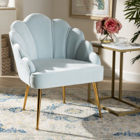 Baxton Studio TSF-6665-Light Blue/Gold-CC Cinzia Glam and Luxe Light Blue Velvet Fabric Upholstered Gold Finished Seashell Shaped Accent Chair